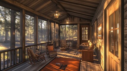 Fototapeta premium A rustic porch with rocking chairs and an orange rug, overlooking a forest.