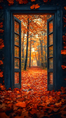 An autumn nature background with colorful leaves in a vintage color open door