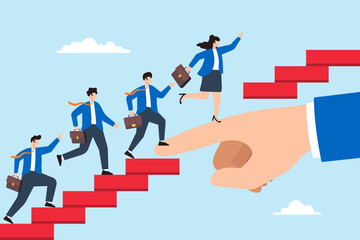 Flat illustration of giant hand helps business people cross gap symbolizing support and mentorship for team success