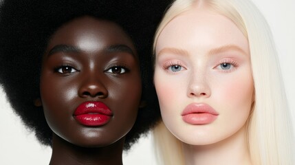 Fototapeta premium A full body zoom of two models: an African female model with black afro hair and brown eyes gazing into the camera alongside a white female model with ice blonde hair and blue eyes in editorial poses.
