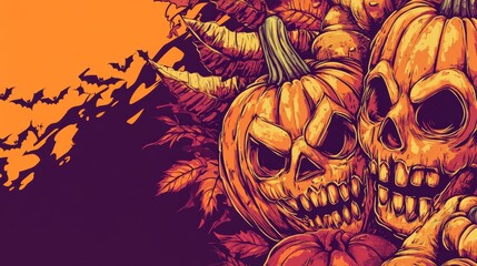 A Halloween themed poster with a skull and two pumpkins