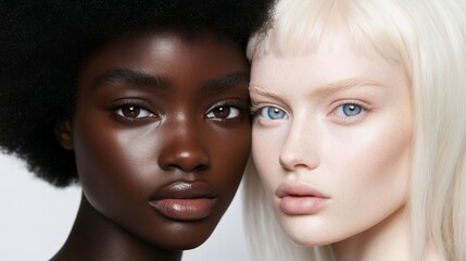Obraz premium A full body zoom of two models: an African female model with black afro hair and brown eyes gazing at the camera alongside a white female model with ice blonde hair and blue eyes in editorial poses.