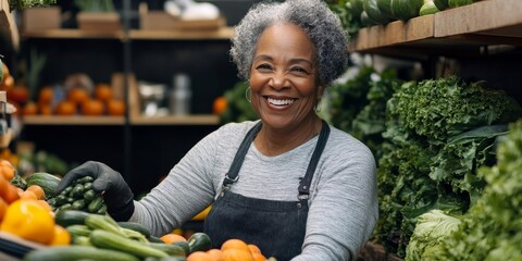 Cheerful grocery store owner restocking fresh produce in her shop, Generative AI