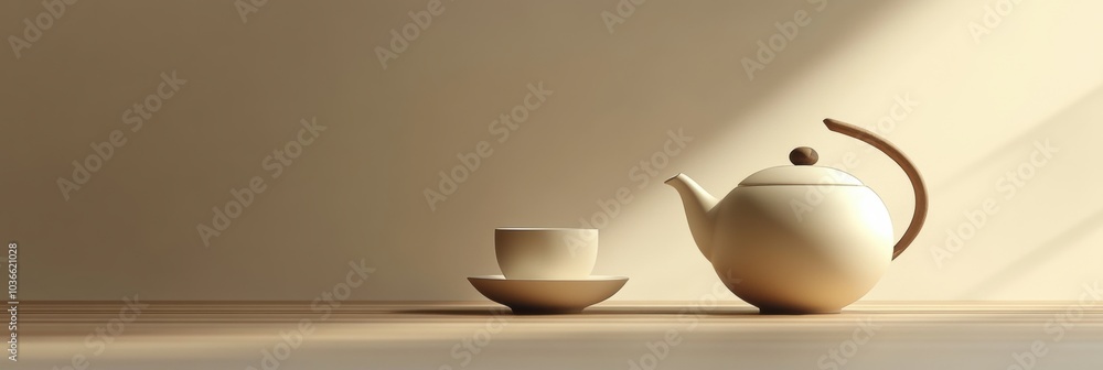 Poster a classic tea kettle sits beside a cup and saucer on a wooden surface, bathed in warm afternoon ligh