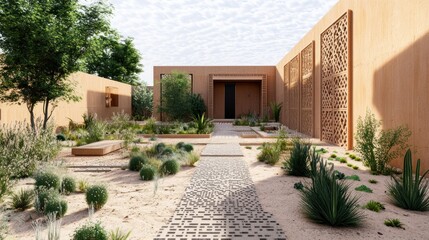 Naklejka premium A Pathway through a Desert Oasis with Brown Walls and Lush Greenery.
