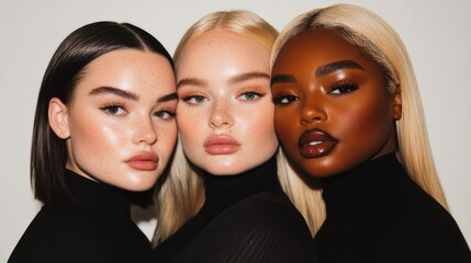 three female models, one white tan girl with straight dark brown hair, one brown girl with blonde straight hair, one plus size white girl with dark blonde hair, posing together, black outfits