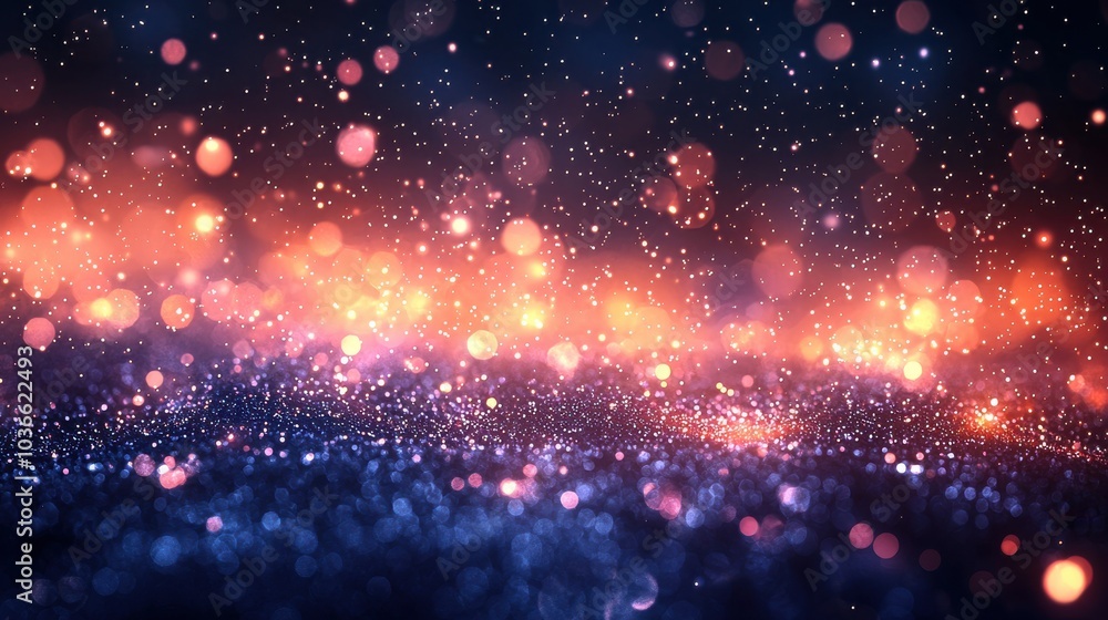 Poster colorful shimmering particles create a mesmerizing visual effect over a dark background during night