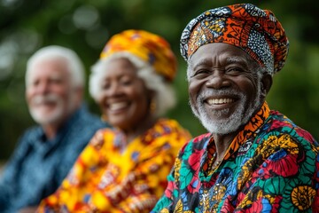 Happy senior citizens having fun in colourful clothing, Generative AI