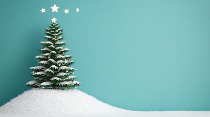 Christmas tree on snowy hill, bright stars above, flat design illustration