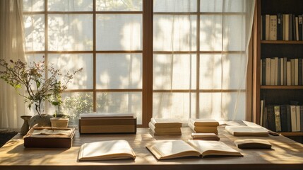 Fototapeta premium A rustic wooden desk with books and a vase of flowers sits by a window with sheer curtains and a bookshelf behind.