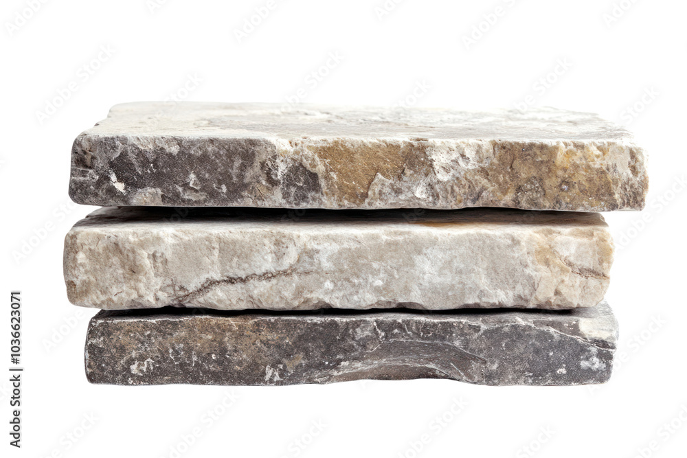 Poster close-up of a stack of natural stone tiles in different shades of gray and beige, highlighting the i