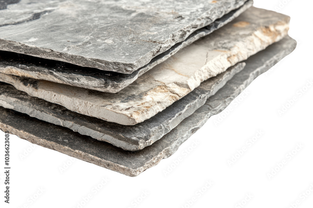 Poster close-up of a stack of natural stone tiles in different shades of gray and beige, highlighting the i