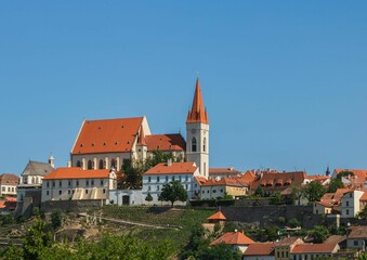 Znojmo town with historic church and red rooftops.