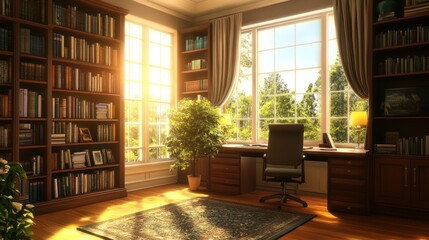 A home office with a large window overlooking a green forest, a desk with an office chair, and bookshelves full of books.