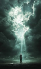 A lone figure stands bathed in light beneath a stormy