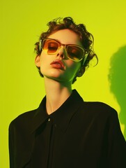 Fototapeta premium Minimalistic fashion portrait of a woman in stylish sunglasses on a green background