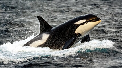 Obraz premium A majestic orca whale leaps out of the water, creating a splash of spray.