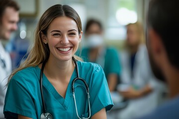 Positive medical professional meeting in hospital, Generative AI