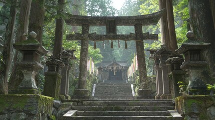 Serene Beauty of Ancient Japanese Shrine: Colorful Banners, Lanterns, and Towering Trees in Lush Greenery