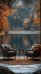 Fototapeta premium Comfortable armchairs by reflective autumn water view.