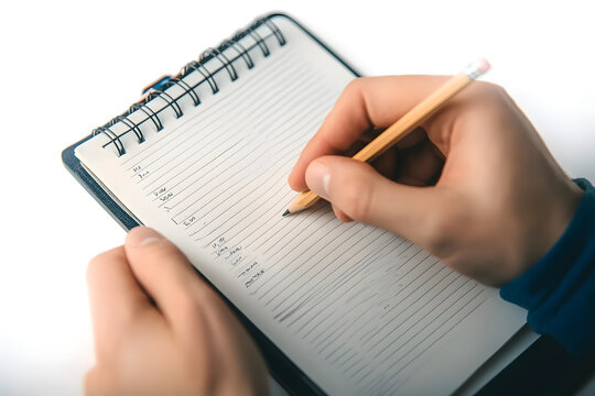 Businessman's hands hold a pencil and write down the goals to be achieved in a notebook or making a to-do list.