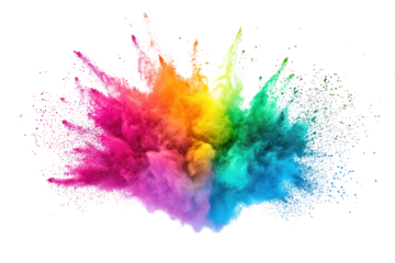 Bright rainbow holi powder explosion with a dynamic mix of colors like neon pink, lime green, and electric blue forming a beautiful contrast.