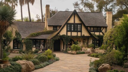 A charming cottage with a stone pathway leading to the front door surrounded by lush greenery.