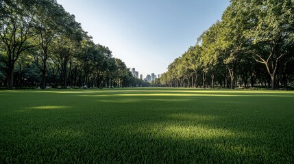 Obraz premium serene park filled with tall trees and lush green lawns, offering peaceful escape from city. skyline peeks through trees, creating harmonious blend of nature and urban life