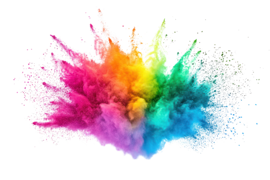 Bright rainbow holi powder explosion with a dynamic mix of colors like neon pink, lime green, and electric blue forming a beautiful contrast.