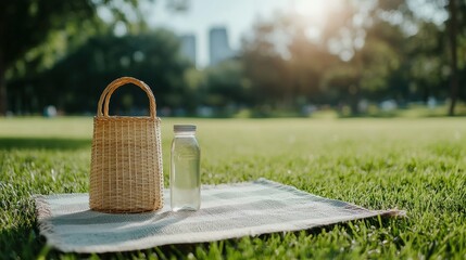 picnic setup on green lawn features woven basket and bottle of water, creating serene and refreshing atmosphere perfect for relaxation