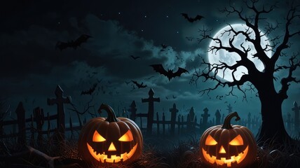 Two carved pumpkins with glowing faces sit in front of a spooky graveyard under a full moon and a night sky with bats flying overhead.