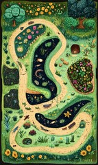 Winding path through a garden with flowers and insects.