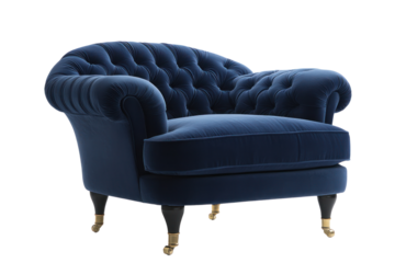 An elegant chair sofa with a modern silhouette, upholstered in a rich navy blue fabric, showcasing a tufted backrest and plush seat cushions