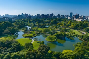 Urban Park with Serpentine Lake and Lush Greenery