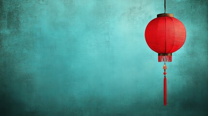 Obraz premium A vibrant red lantern hanging against a textured turquoise background, symbolizing culture and celebration.