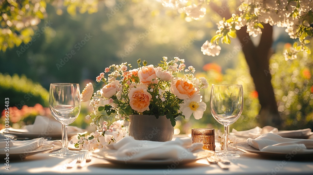 Poster beautifully set spring table adorned with fresh flowers overlooking trees in bloom in the background