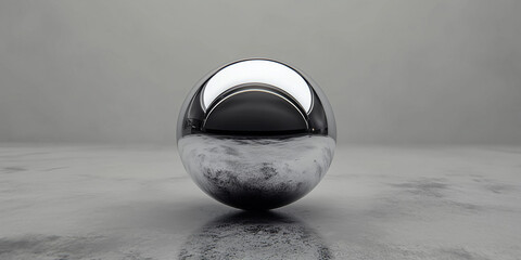 Metallic shiny sphere on solid grey background