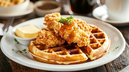 A hearty plate of chicken and waffles with crispy fried chicken tenders and fluffy Belgian waffles, drizzled with maple syrup, Chicken and waffles centered
