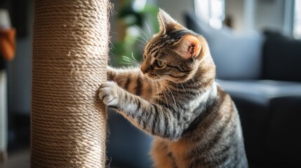 Cat scratching on a vertical sisal-covered post.