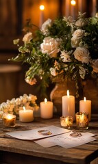 Wedding rings, candles, flowers, and cards.