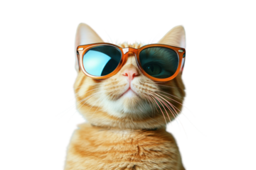 Adorable closeup of a mischievous ginger cat wearing trendy sunglasses, grinning as if enjoying a sunny day. The light cyan background enhances the warmth of the cat's