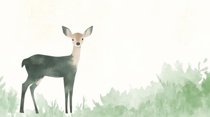 A watercolor illustration of a gentle deer standing in a peaceful forest clearing, surrounded by soft green and brown hues, evoking a serene and magical atmosphere for children.