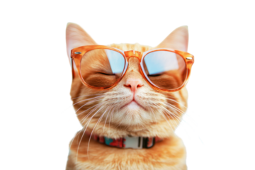 Adorable closeup of a mischievous ginger cat wearing trendy sunglasses, grinning as if enjoying a sunny day. The light cyan background enhances the warmth of the cat's