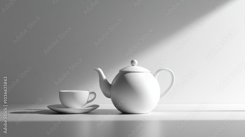 Poster a simple white tea kettle sits next to an elegant cup on a table, illuminated by gentle sunlight cre