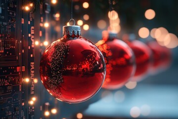 Bright red ornaments with detailed circuit reflections