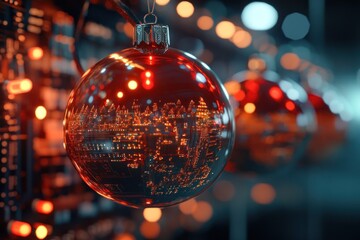Red ornaments with circuit board patterns lit warmly