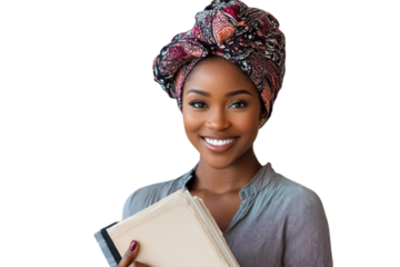 A young African American female interior designer, sporting a fashionable headwrap and a sleek blouse, smiles brightly, conveying warmth and professionalism.