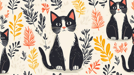 Seamless pattern with cute fashionable cats. Vector graphics.