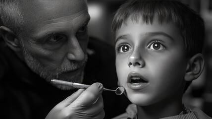 Obraz premium Black and white close-up of a dentist examining a young boy's teeth