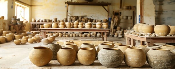 Fototapeta premium An array of early-stage pottery at a renowned village, showing traditional methods.
